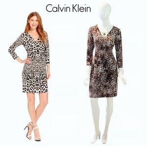 Calvin Klein Brown and Black Sheath Dress with Cuffed Sleeves